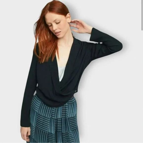 Ett twa Anthropologie Sz 8 Black Wrap Black Collared Button Blouse Blazer Shirt - Picture 2 of 9